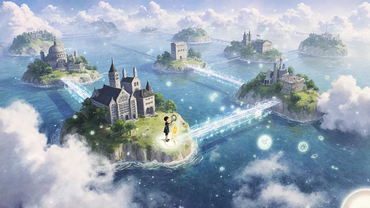 Floating islands of trusted issuers connected by light bridges, with storm clouds of data breaches dissolving below.