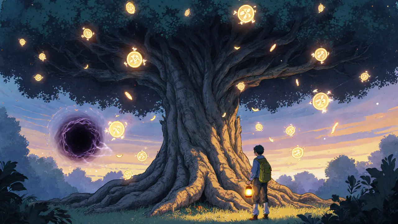 Forest clearing with a tree bearing glowing QUACK tokens, fireflies rising, and a dark vortex for burned tokens.