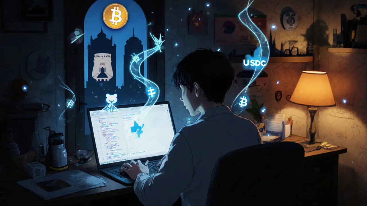 Freelancer at a desk coding, surrounded by floating stablecoin symbols and hints of foreign landmarks.
