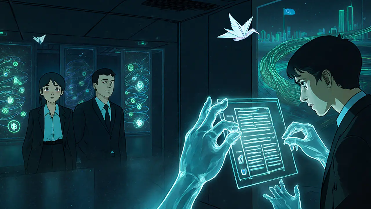 Ghostly hands altering a crypto interface as employees sign fake transactions, with coins twisting like eels through digital rivers.