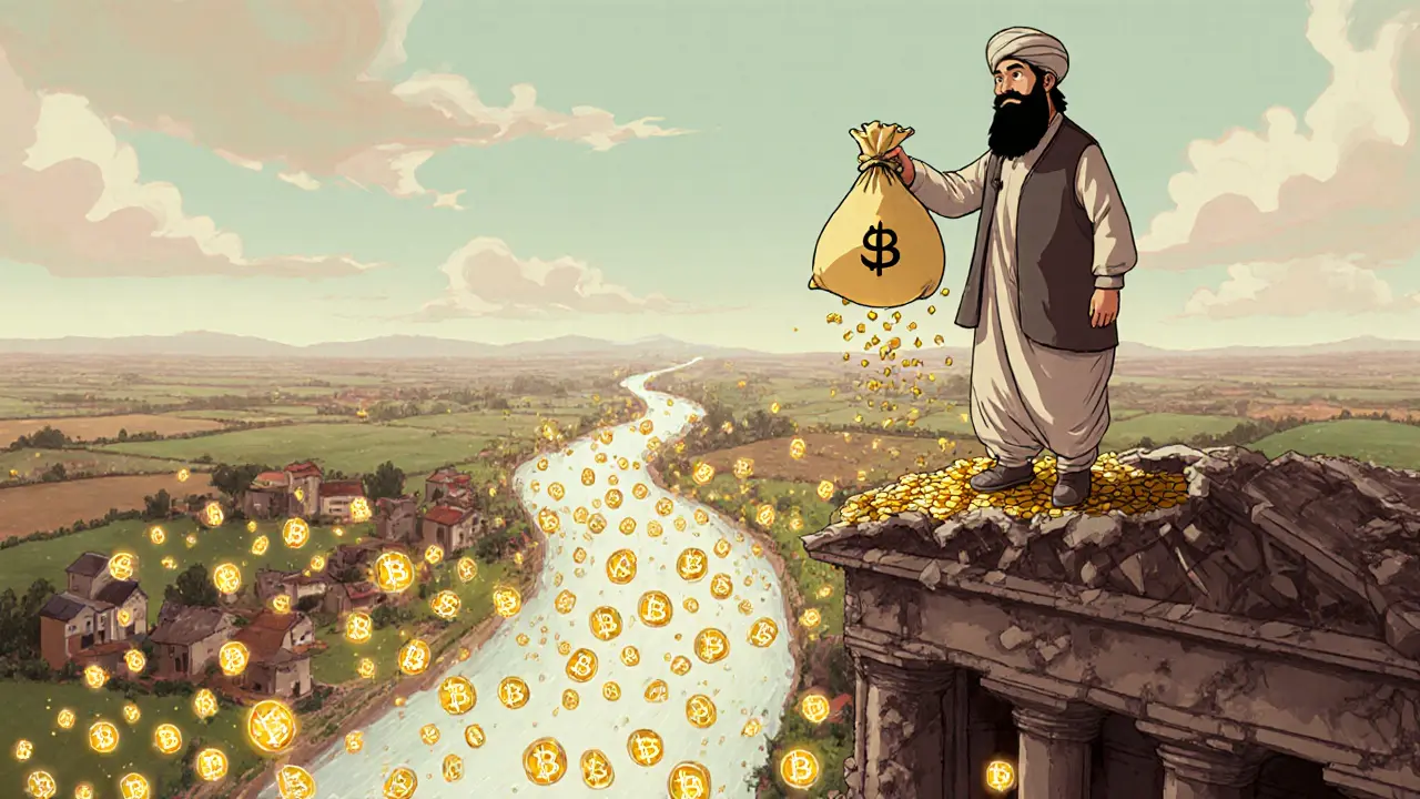 Gold coins turn to digital light as crypto tokens rise like fireflies across Afghanistan, defying a crumbling bank.