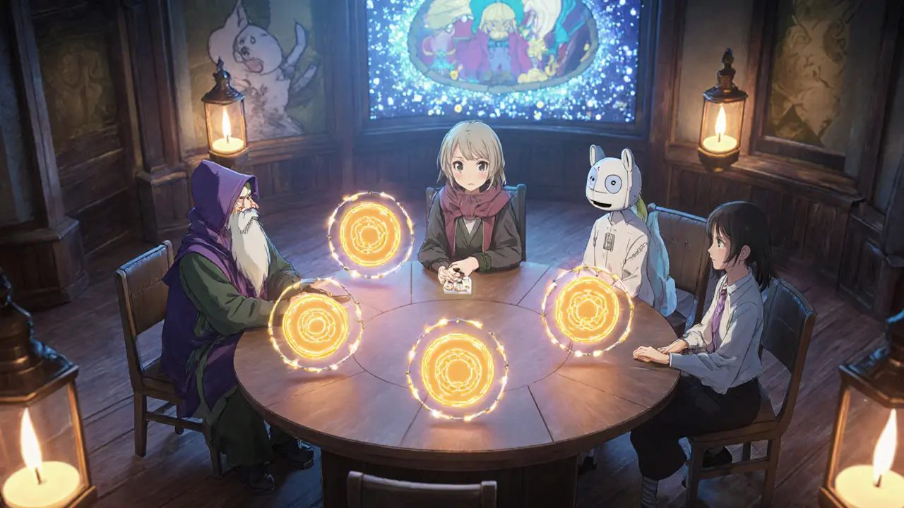 Group around a round table discusses staking with floating holographic tokens.