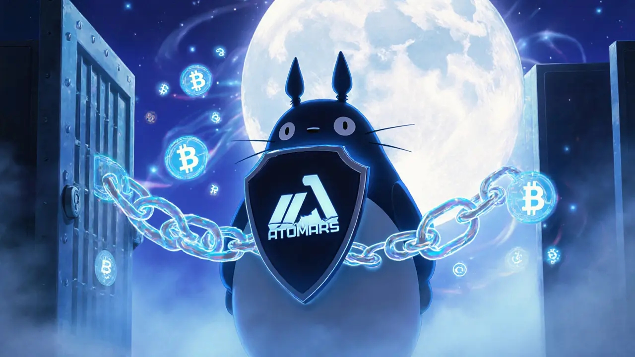 Guardian figure shields a digital vault labeled ATOMARS, symbolizing security in a soft Ghibli style.