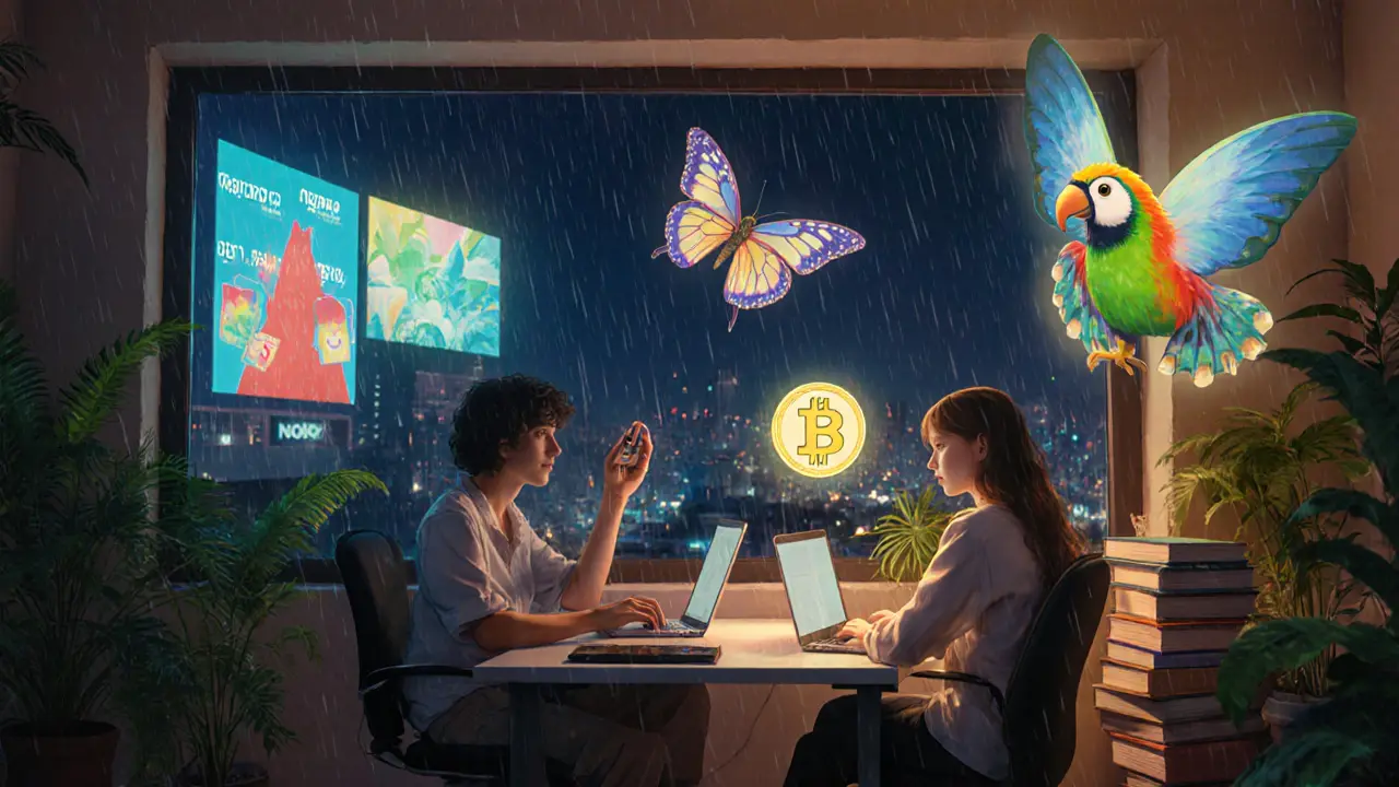 Innovators work on NFT art in a cozy rooftop office, animated digital creatures fluttering around their screens.