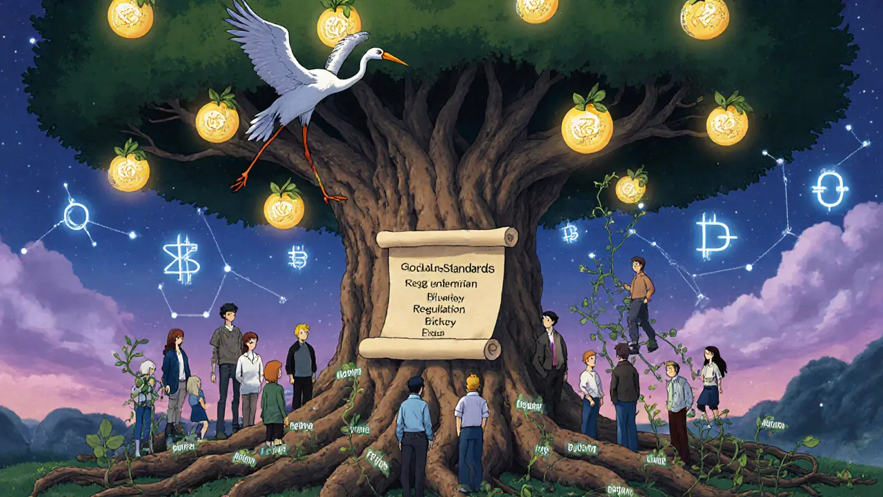 Investors gather beneath a tree with blockchain roots and property-shaped fruit, while a crane carries a scroll toward global harmony.