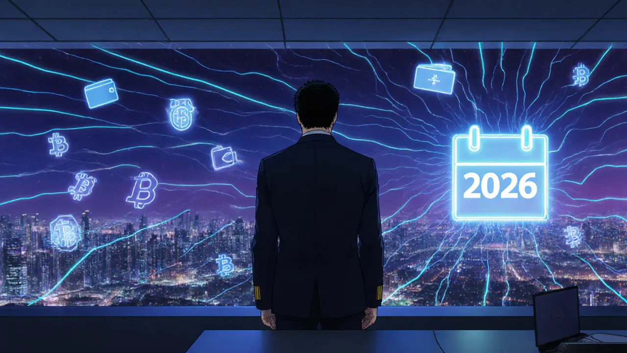 IRS agent overseeing digital transaction data streams against a city skyline.