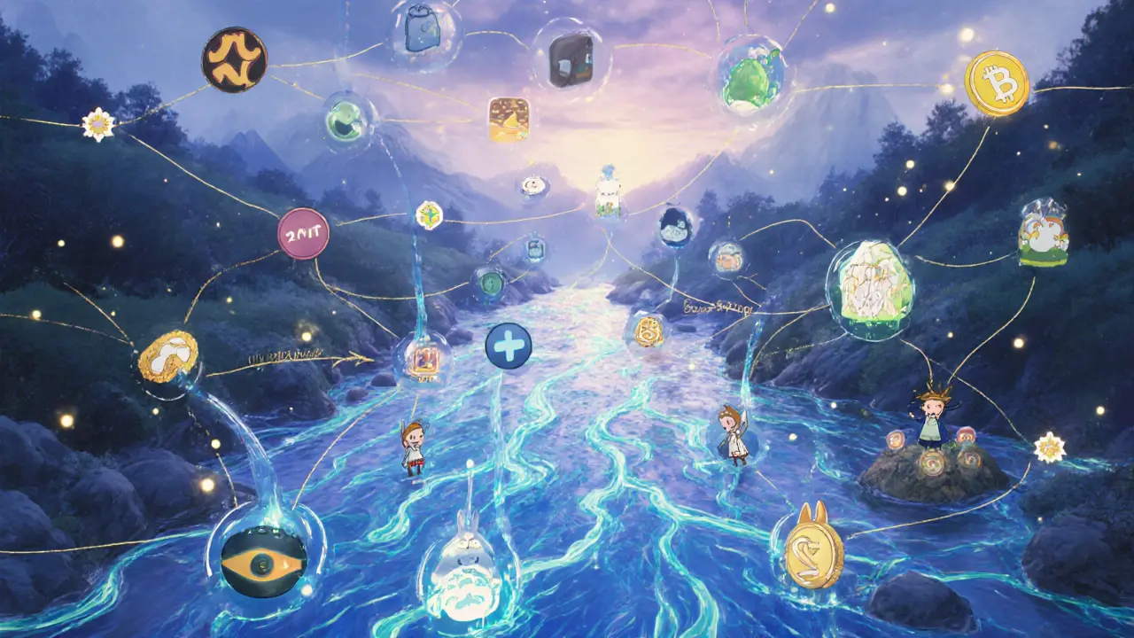 Magical river of tokens from many DEXs merging into one trade.