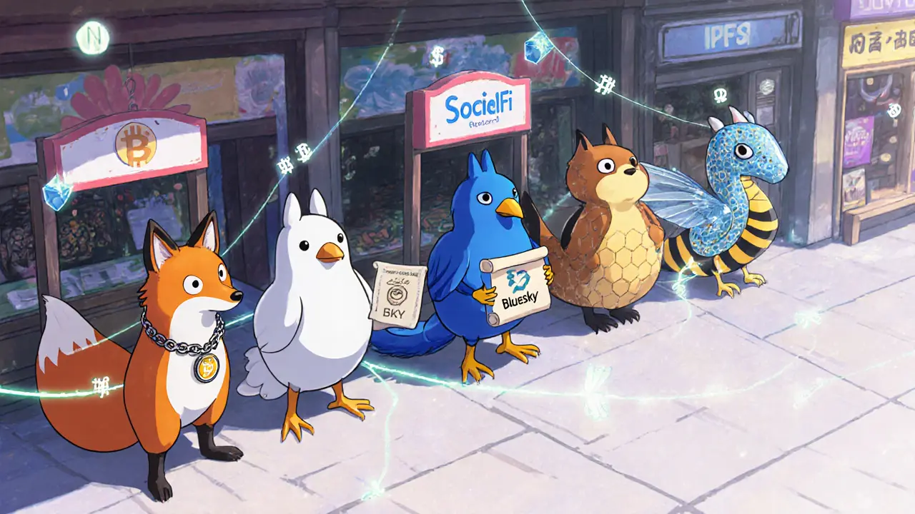 Marketplace scene with characters representing Lens, Farcaster, Bluesky, Hive, and Diamond App.