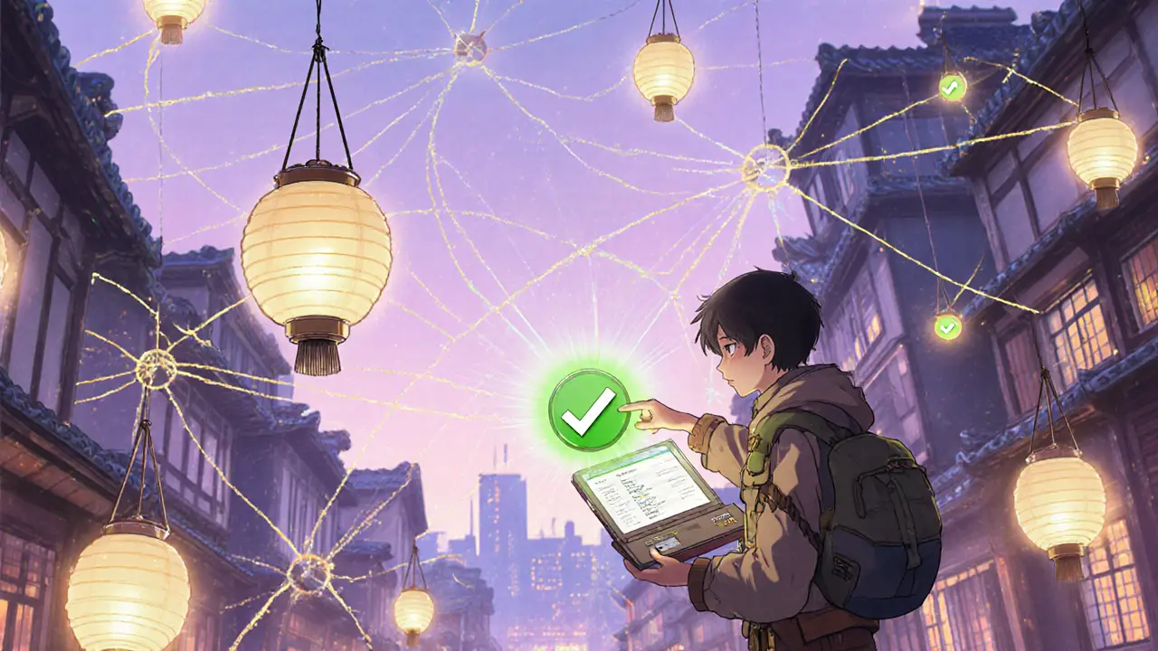 Marketplace with floating NFT lanterns connected to storage webs and verification glow.