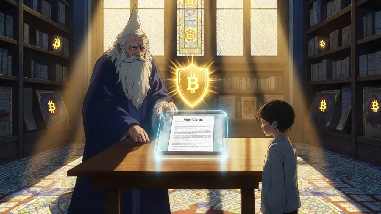 Mentor shows a holographic tablet with a blockchain contract, protected by a golden shield.