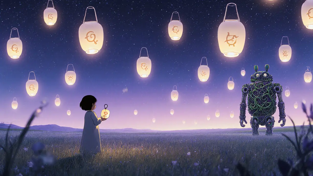 One thousand EQ lanterns rise into a starry sky as a figure watches, with a giant chain-and-vine robot walking into the horizon.