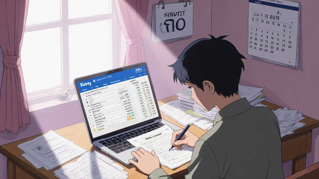 Person at home desk using a tax calculator app and filling out Form IT‑1 for crypto gains.