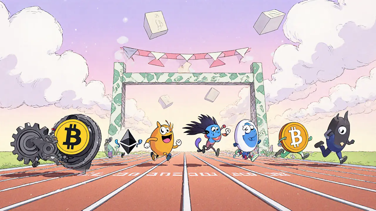 Race of cryptocurrency mascots illustrating varying confirmation speeds.