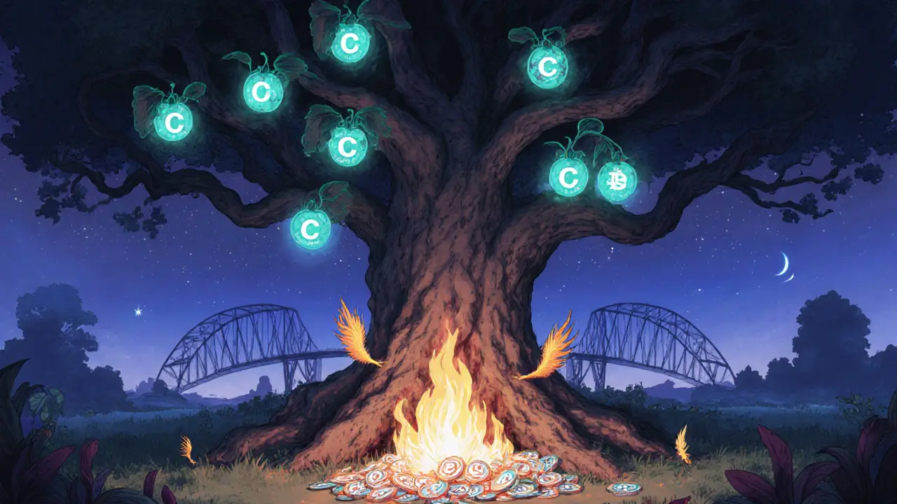 Serene garden with a tree of CPOOL tokens, some glowing fruits and fading leaves, hinting at risk and growth.