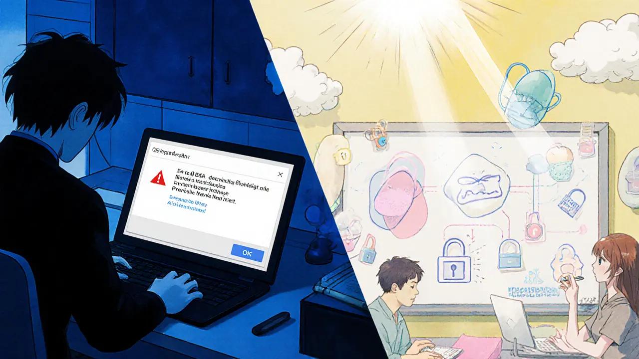 Split scene of a user receiving a warning on a laptop and developers planning atomic swaps.