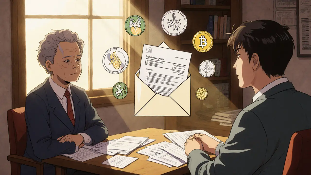 Tax advisor and client discuss Form 1099‑DA with floating crypto icons.