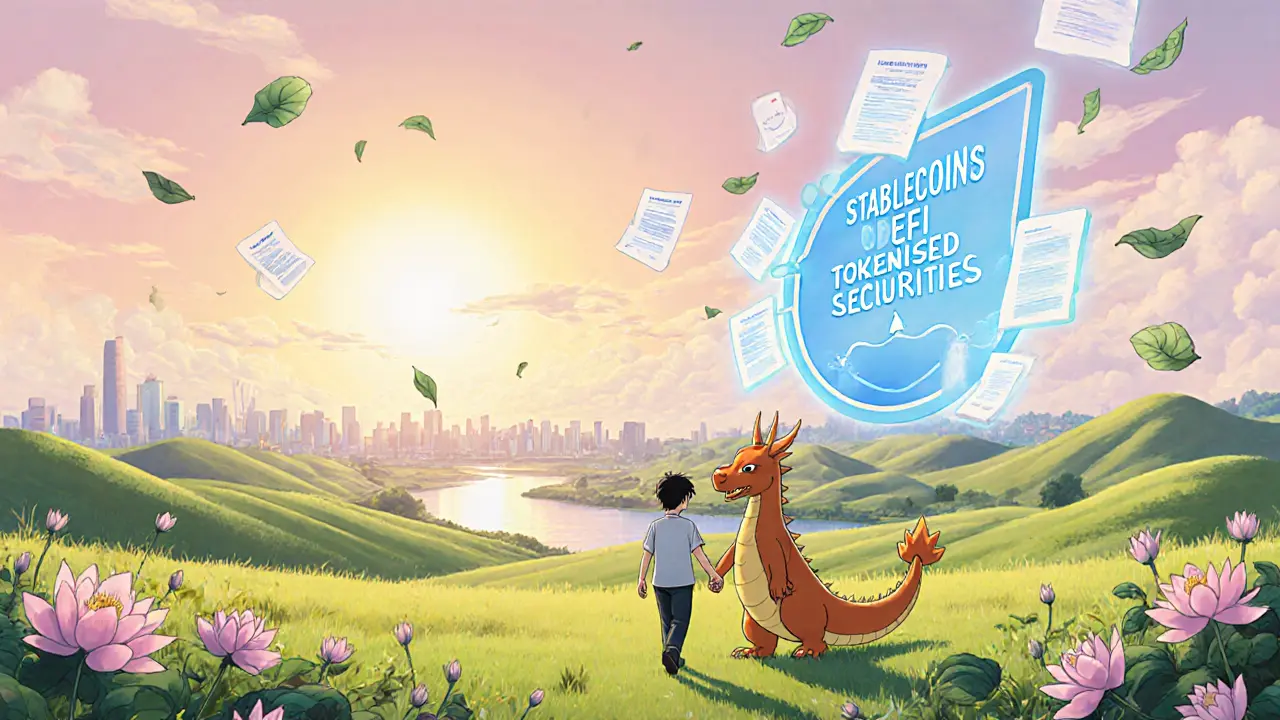 Trader and dragon walking in a sunrise field, looking at a floating roadmap for future crypto rules.