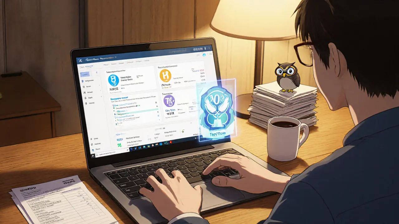 Trader at desk reviewing exchange dashboard with tax certificate and KYC badge.