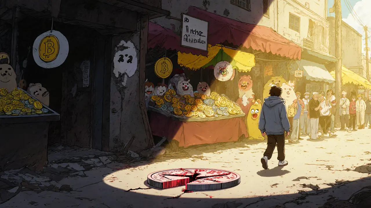 Traveler walks away from a cracked TRUMPEPE token toward bright, bustling Dogecoin stalls.