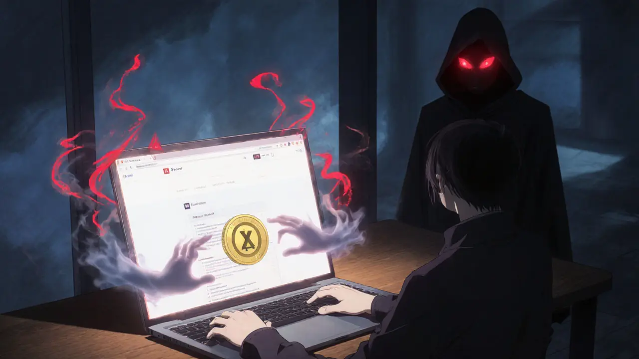 User at a laptop lured by a ghostly website offering a golden token, with red warning wisps.