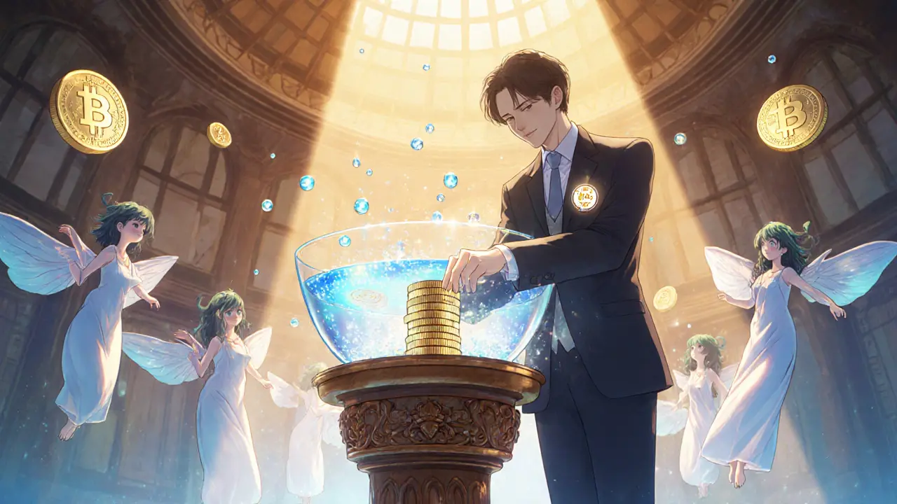 Whimsical lending hall where a borrower stakes CPOOL tokens and providers deposit shimmering stablecoins.