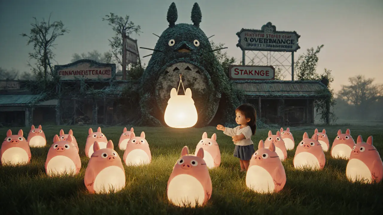 2,000 glowing pig lanterns float above a meadow, one held by a child, empty marketplace behind.