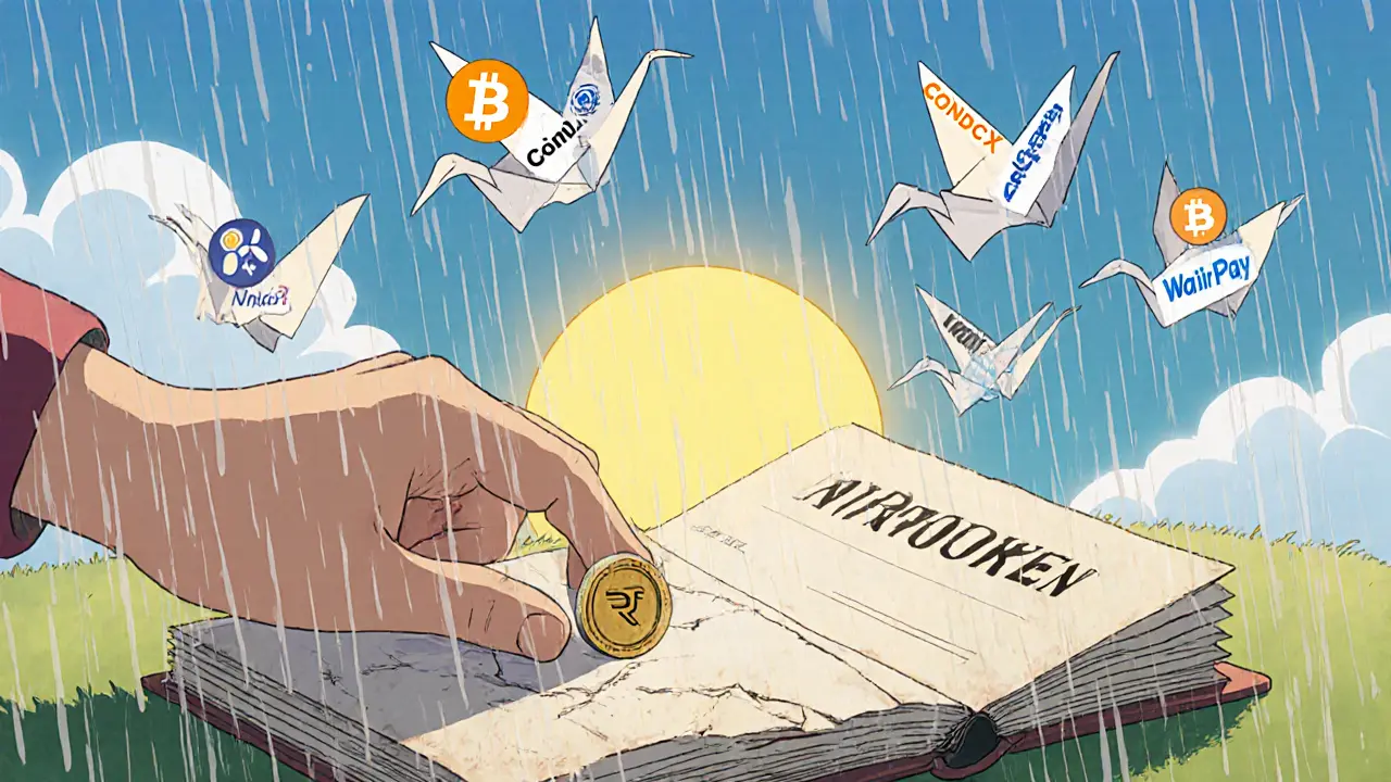 A child&#039;s coin sinks into shadow as paper cranes fly toward trusted exchanges.