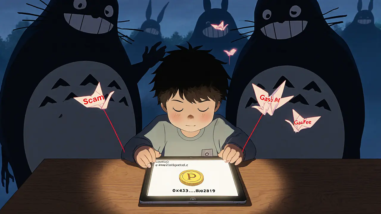 A child at a desk with a glowing contract address, shadowy scam figures in the background.