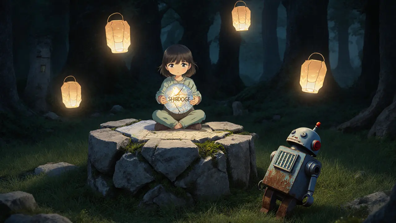 A child holding a cracked orb showing SHIBDOGE&#039;s price, surrounded by dimming Uniswap lanterns and a rusting robot.