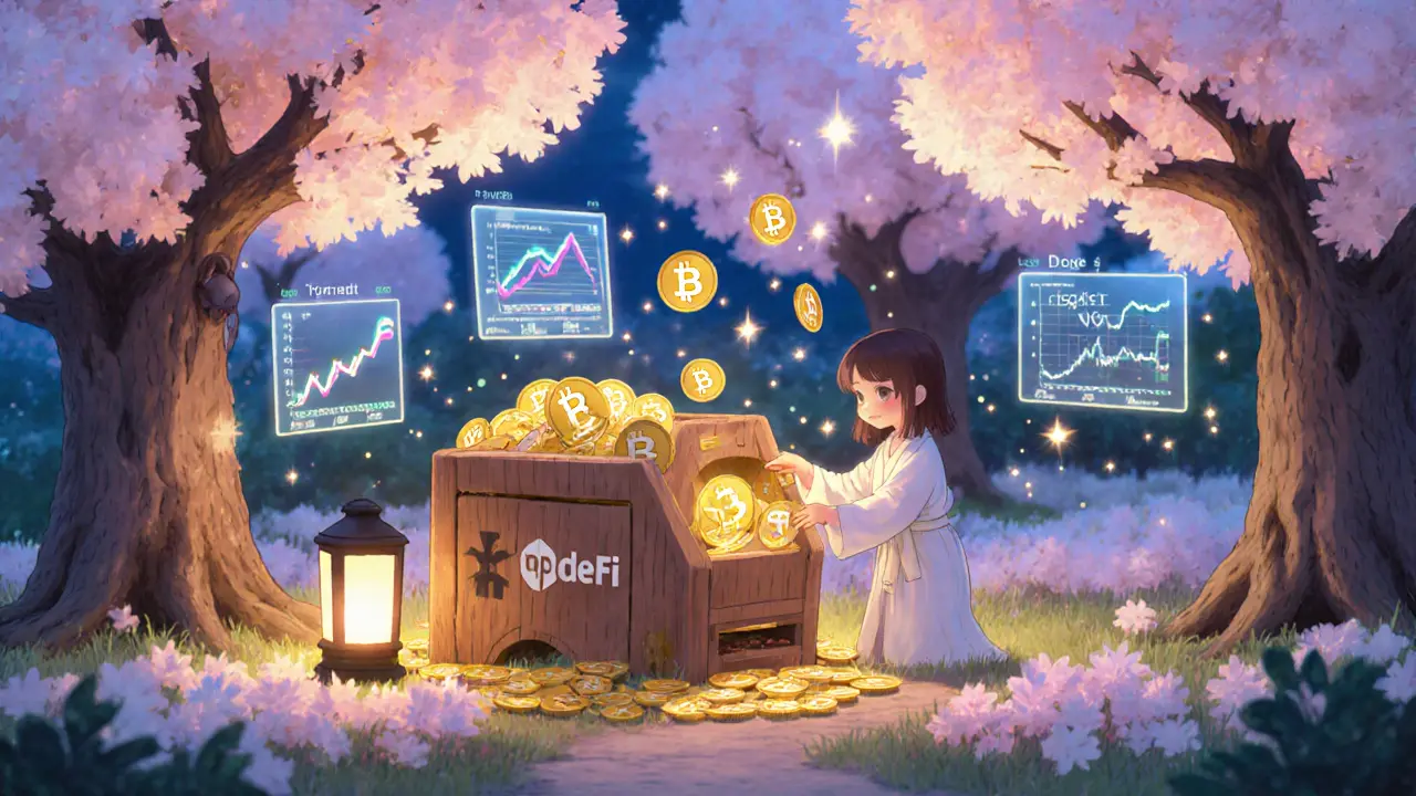 A child placing LP tokens into a harvest machine in a cherry blossom DeFi farm, golden reward tokens falling around her.