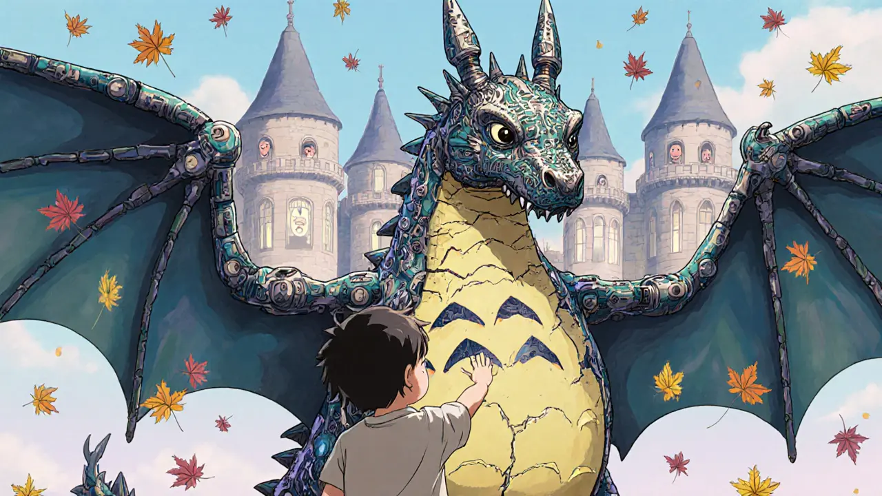 A child reaches for a hollow, broken dragon made of crypto coins, while regulated exchanges shine safely in the distance.