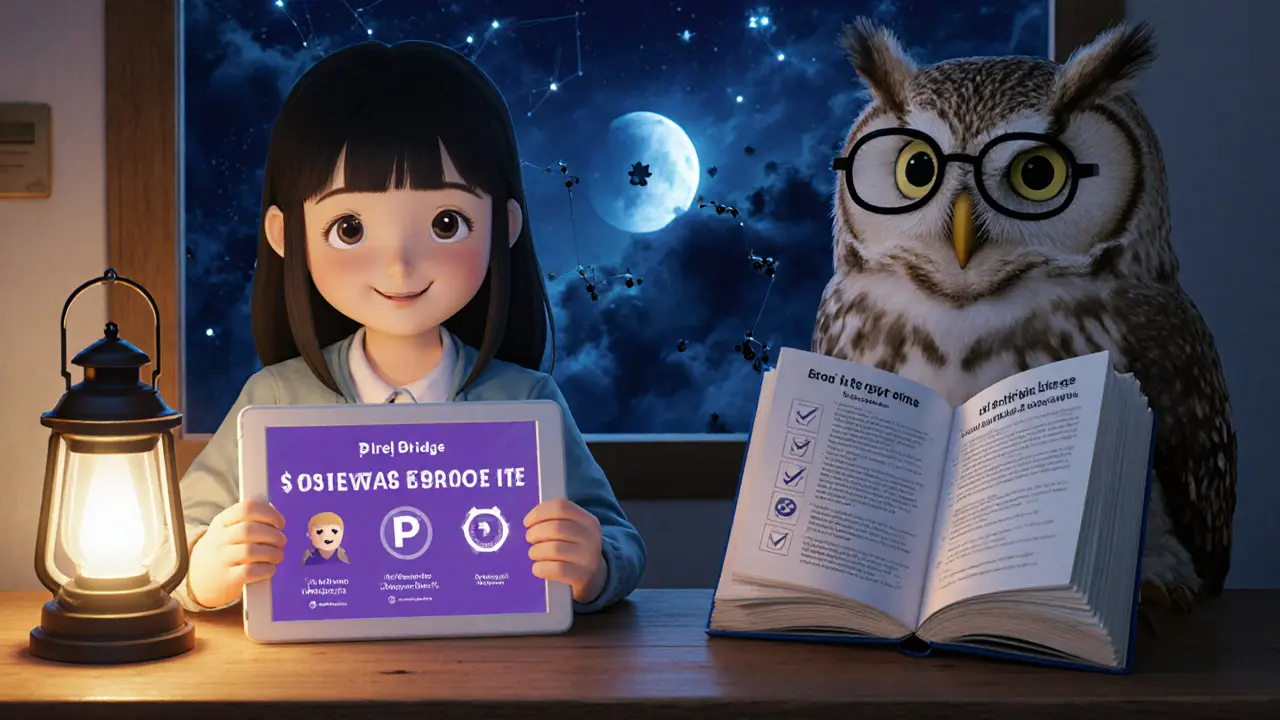 A child reads scam warnings under a lantern as an owl guides them, with real crypto logos glowing in the night sky.