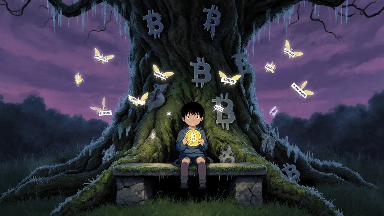 A child sits on a mossy bench under a dying tree made of frozen crypto symbols, holding a dimming coin as fireflies rise around them.