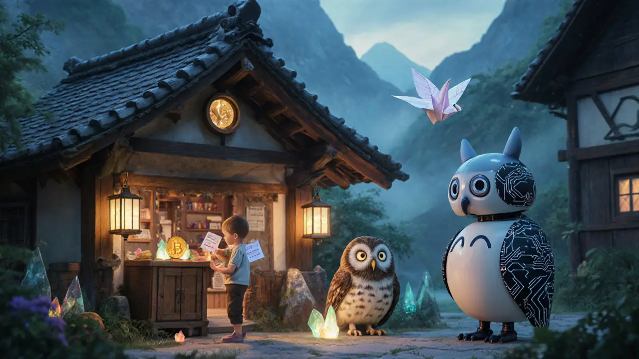 A cozy mountain wallet shop where villagers exchange NFTs on glowing crystals, watched over by a wise owl with circuit feathers.