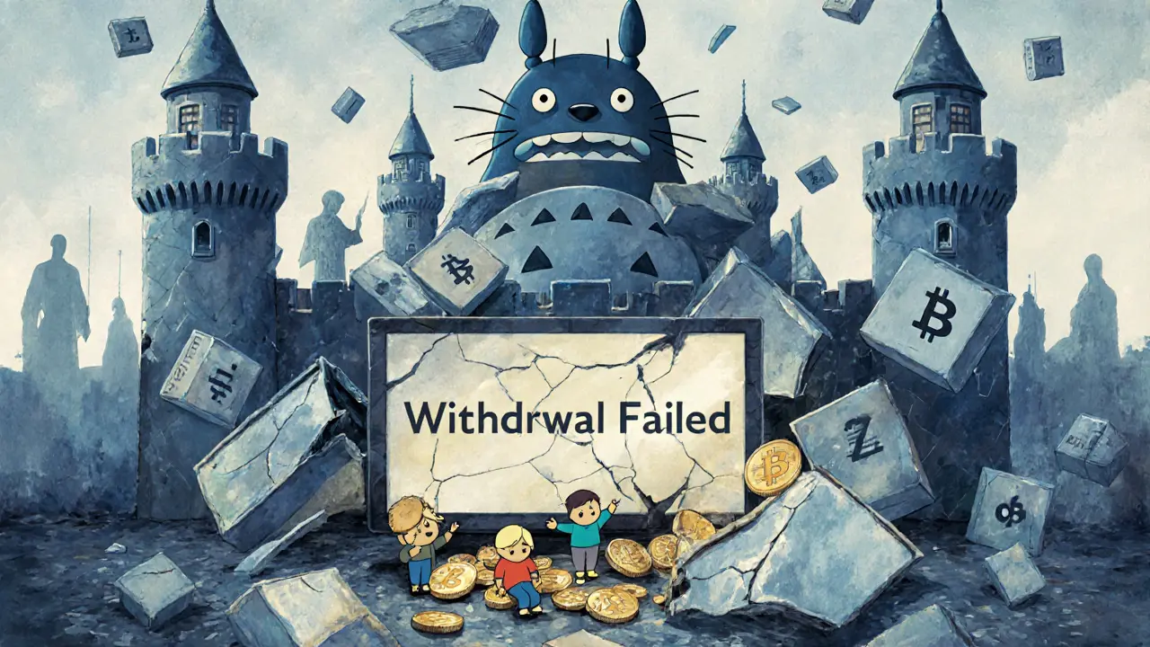 A crumbling digital fortress made of blockchain blocks and shattered mirrors, with users clinging to drifting coins as regulators watch from afar.