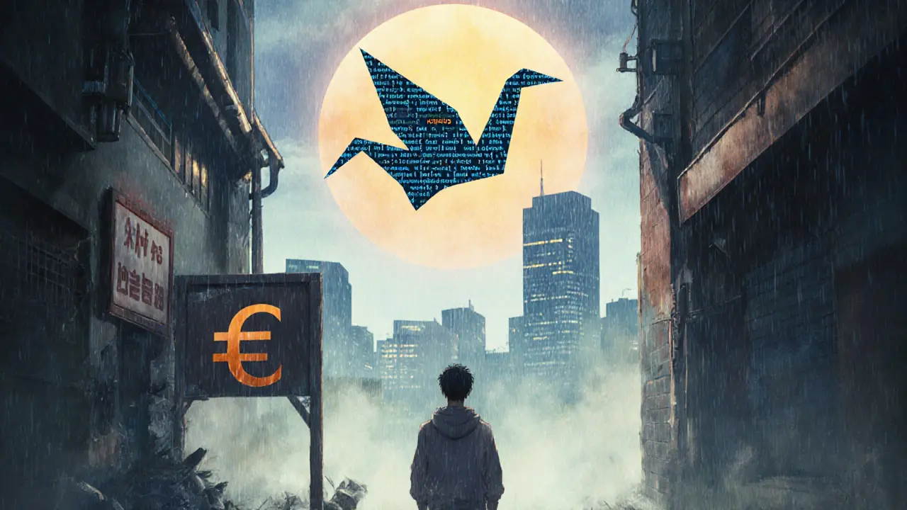 A developer watches an unlicensed exchange vanish as a blockchain paper crane flies toward a digital won sunrise.