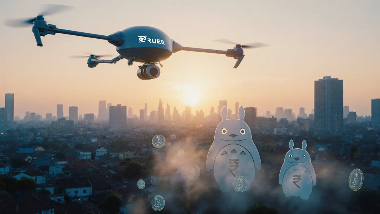 A digital rupee drone delivering payments over a city as ghostly Bitcoin coins fade into mist at sunrise.