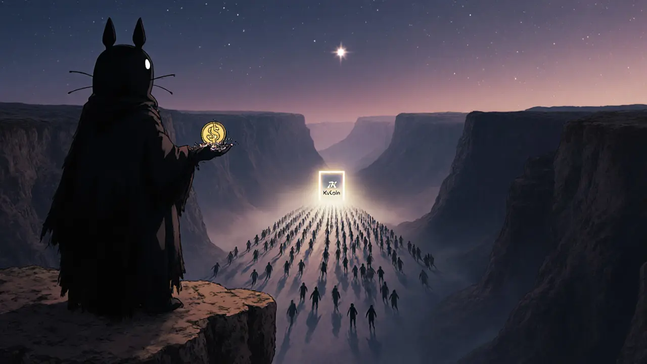 A faceless figure watches as a <h2>Why Do People Still Buy It?</h2>.03 coin turns to ash, while others march blindly toward a distant portal.