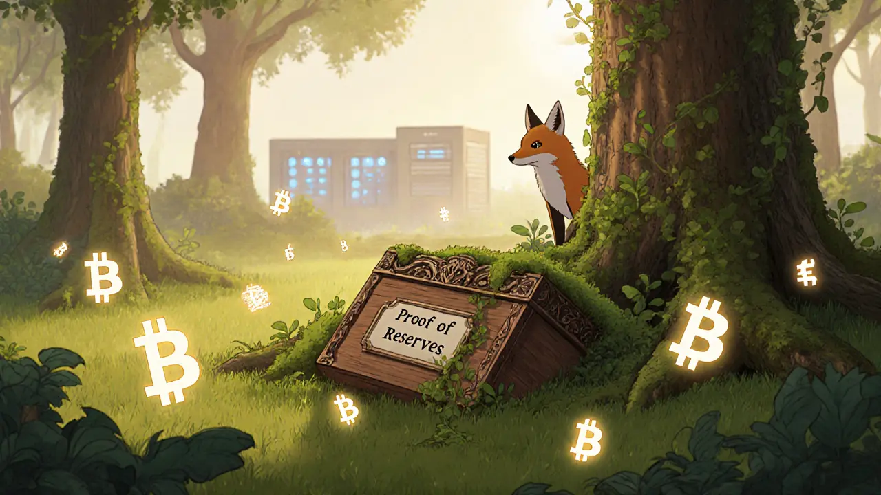 A forgotten proof-of-reserves box buried in a forest, with flickering crypto symbols around it in soft Ghibli lighting.
