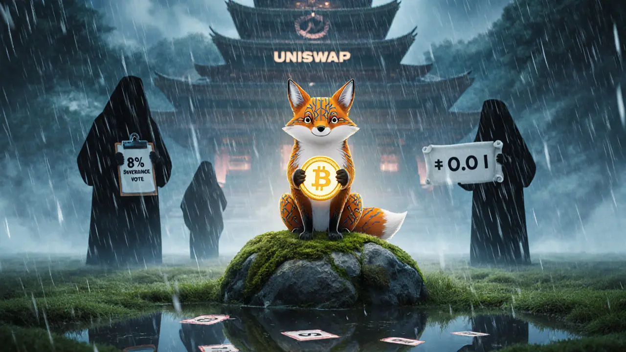 A fox holding a fading GDEX token atop an altar, while shadowy figures stand frozen in the rain.