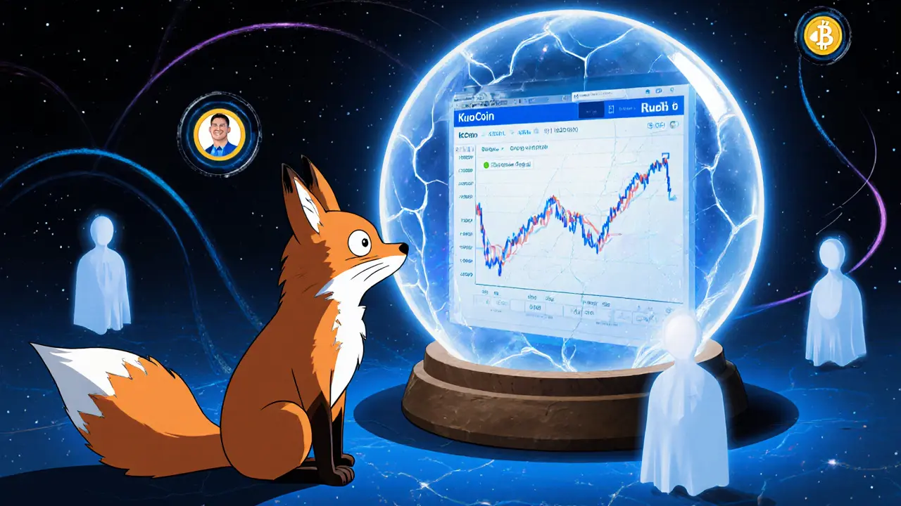 A fox spirit gazes into a crystal ball showing a zero-dollar VALI chart, surrounded by ghostly avatars and a lonely KuCoin interface.