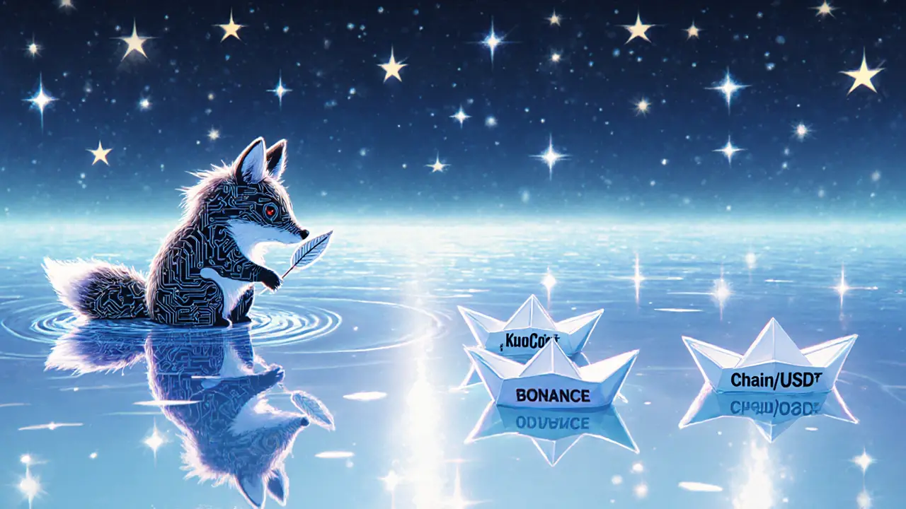 A fox spirit observing a lonely liquidity pond with reflections of major exchanges rippling below.