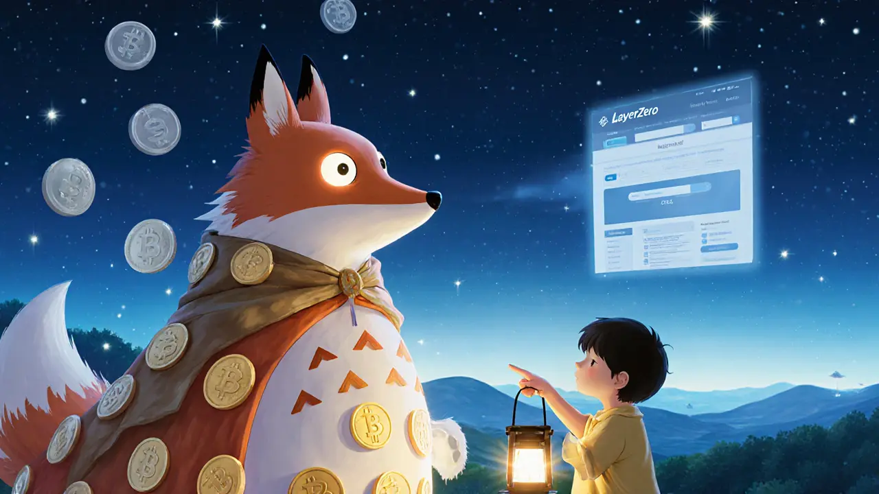 A fox spirit shows a child a ghostly fake airdrop website while real crypto projects glow in the distance.