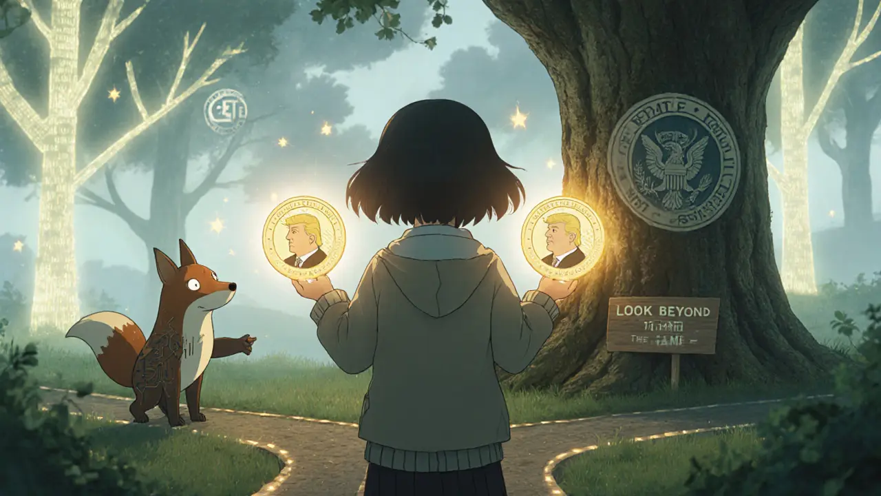 A girl at a crossroads holding two coins, one golden and warm, the other glitching and dark, guided by a fox.