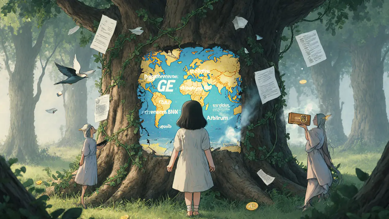 A girl before a broken digital screen in a forest, surrounded by spirit creatures and dissolving tokens.