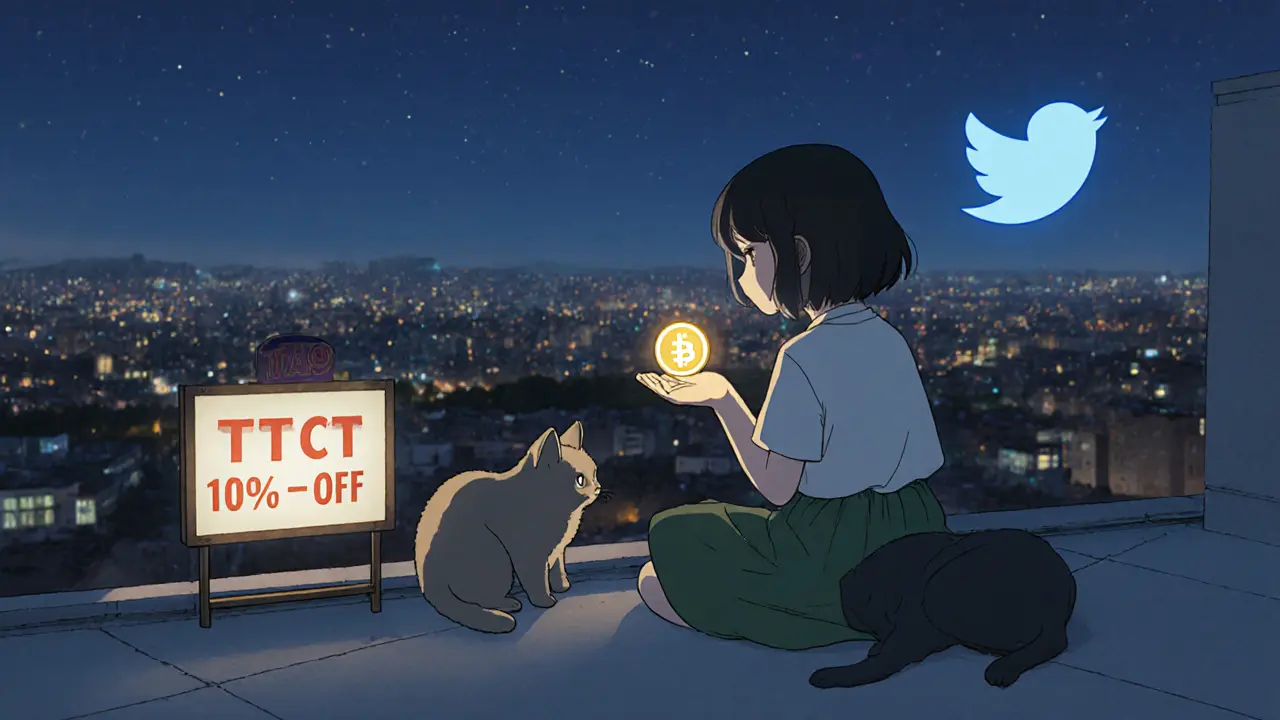 A girl holds a glowing TCT token on a rooftop as a taco stand glows below, under a starry sky with a flying Twitter bird.