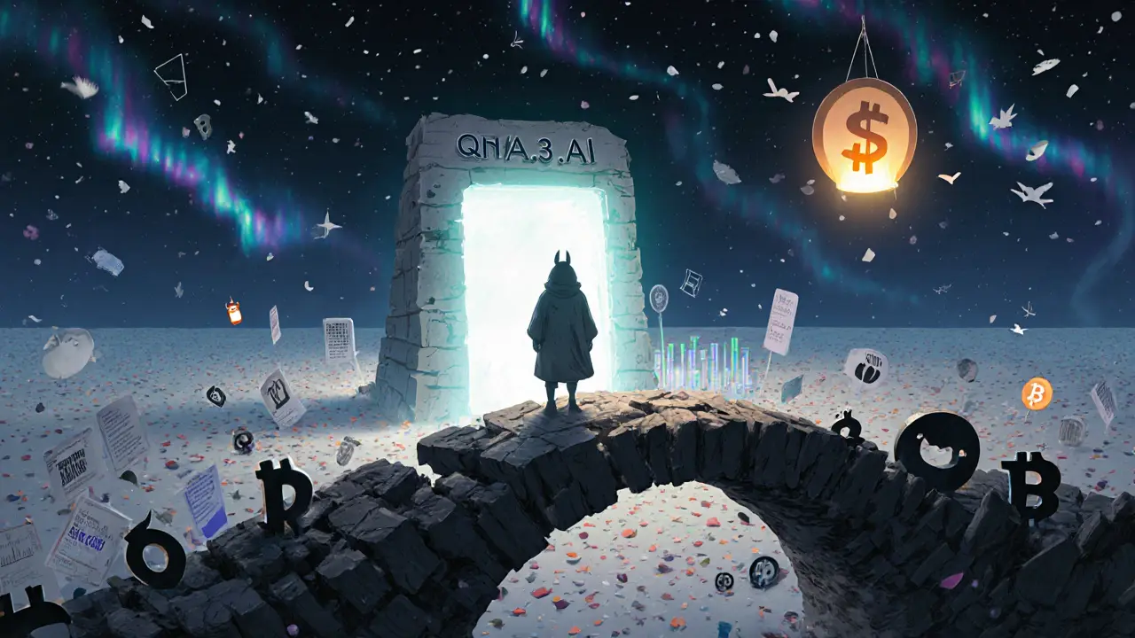 A lone figure stands before a fading QnA3.AI portal as crypto symbols dissolve into petals.