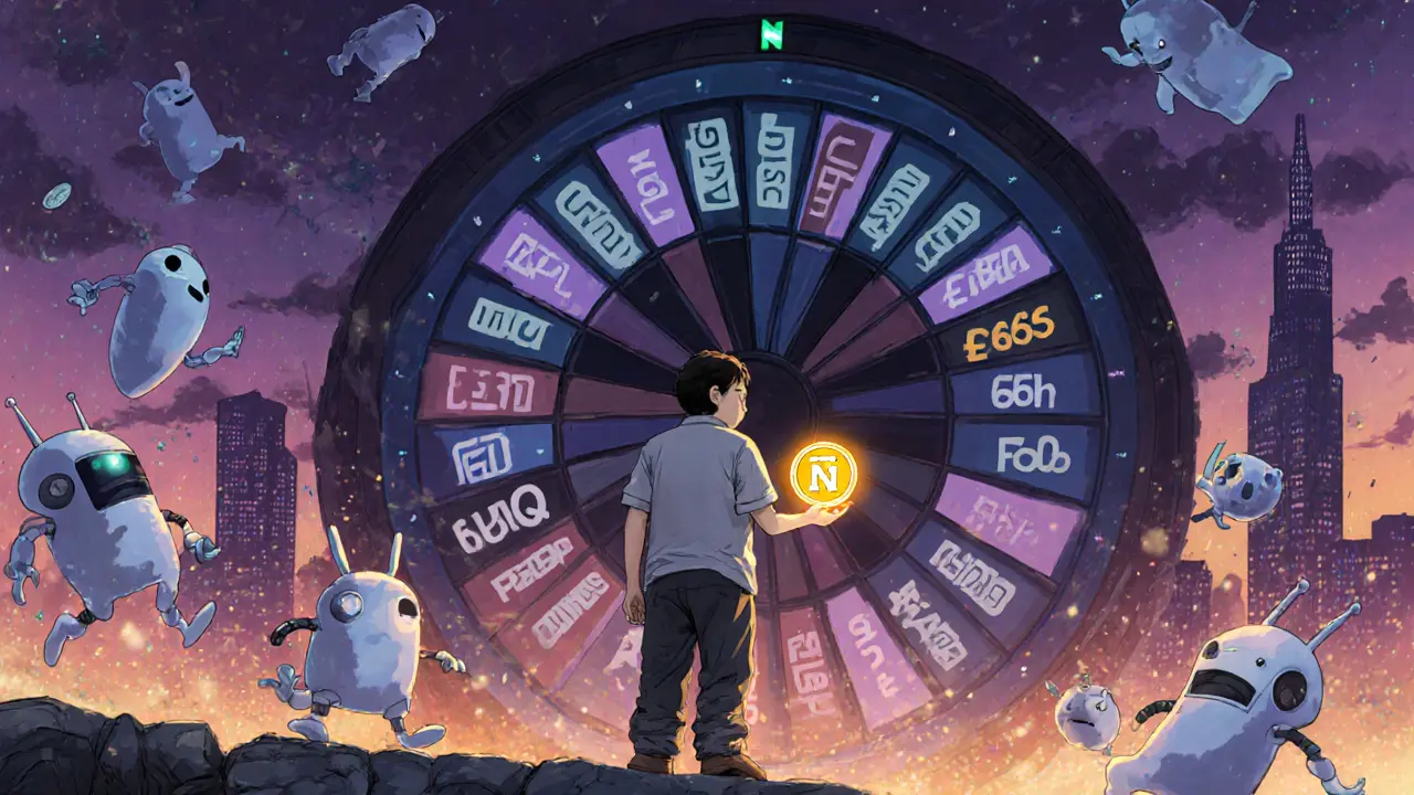 A lonely investor holds a fading NDQ token amid ghostly trading bots and a spinning casino wheel.