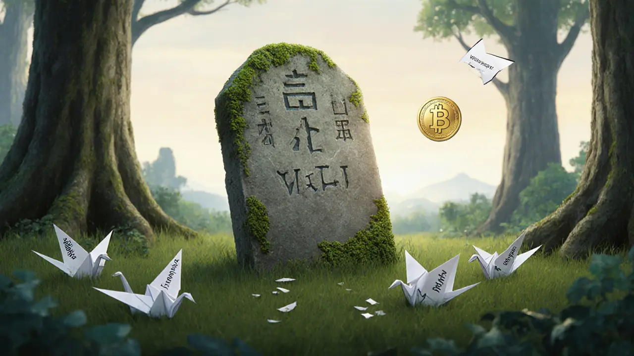 A moss-covered stone tablet labeled VALI lies broken in a forest, with origami cranes of lost crypto features scattered on the ground.