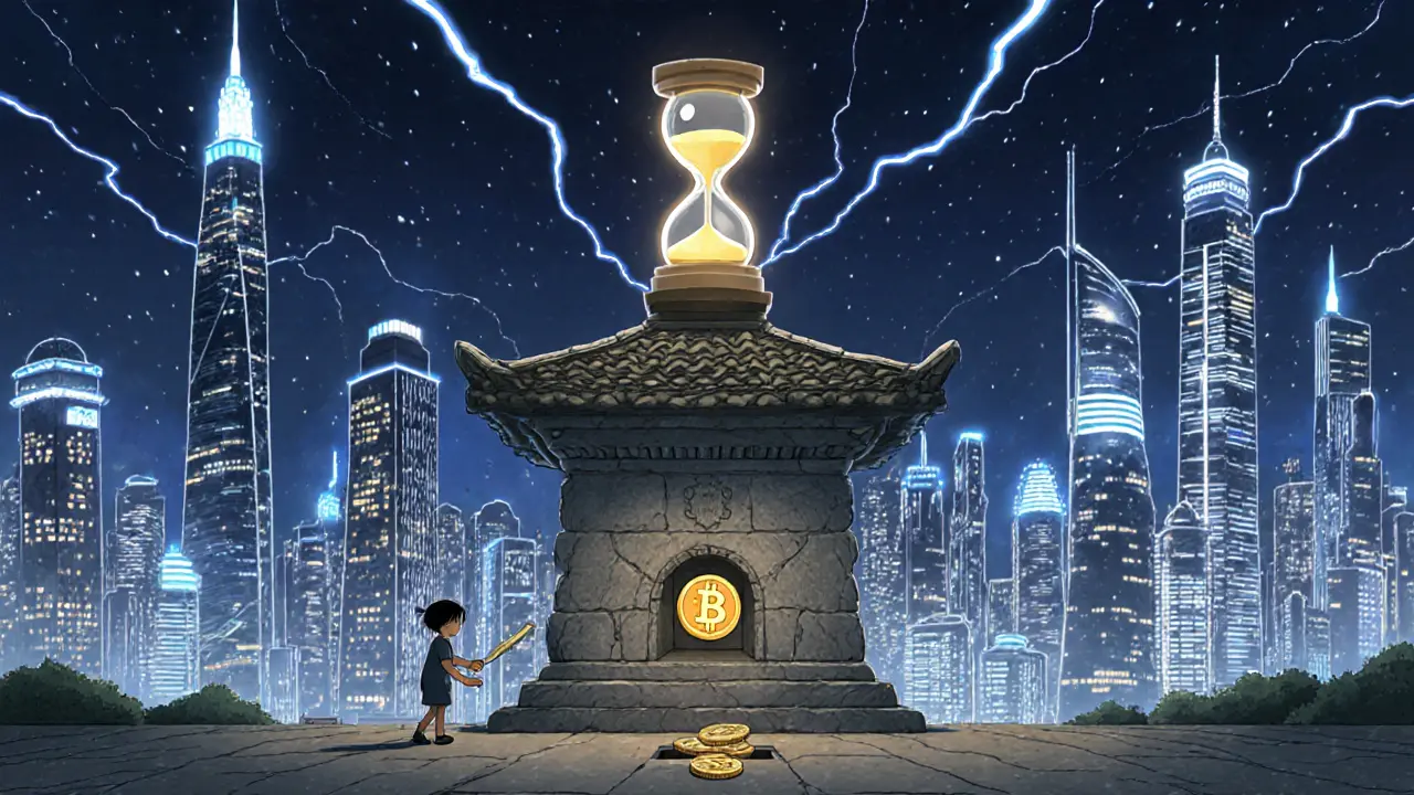 A quiet temple with a glowing hourglass stands beside a bustling city, representing Bitcoin as secure digital gold.
